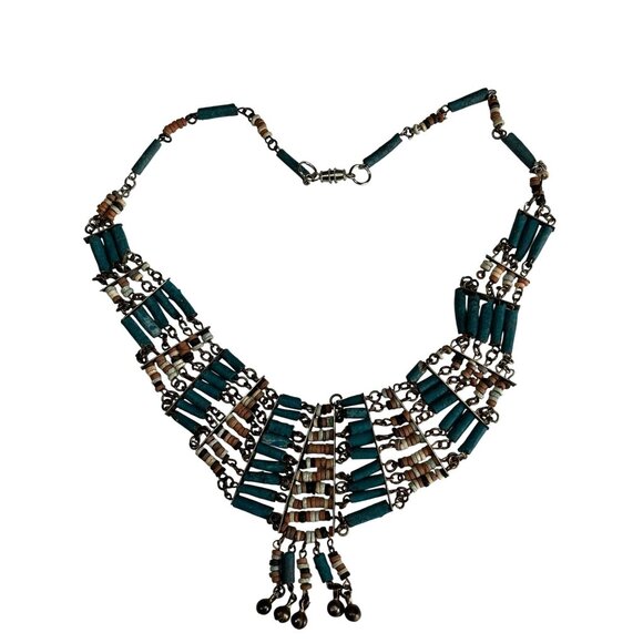 Vintage Jewelry - Vintage Tribal Howlite & Heishi Bead Fan Necklace With Patina Brass Chain 16"